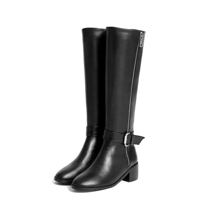Hiver Robe Boucle Véritable Haute Noir brown Dames Top Zip Automne Rond En Genou Cuir Chaussures Qualité Bout Femmes Memunia 2018 Bottes vgZwqWBO