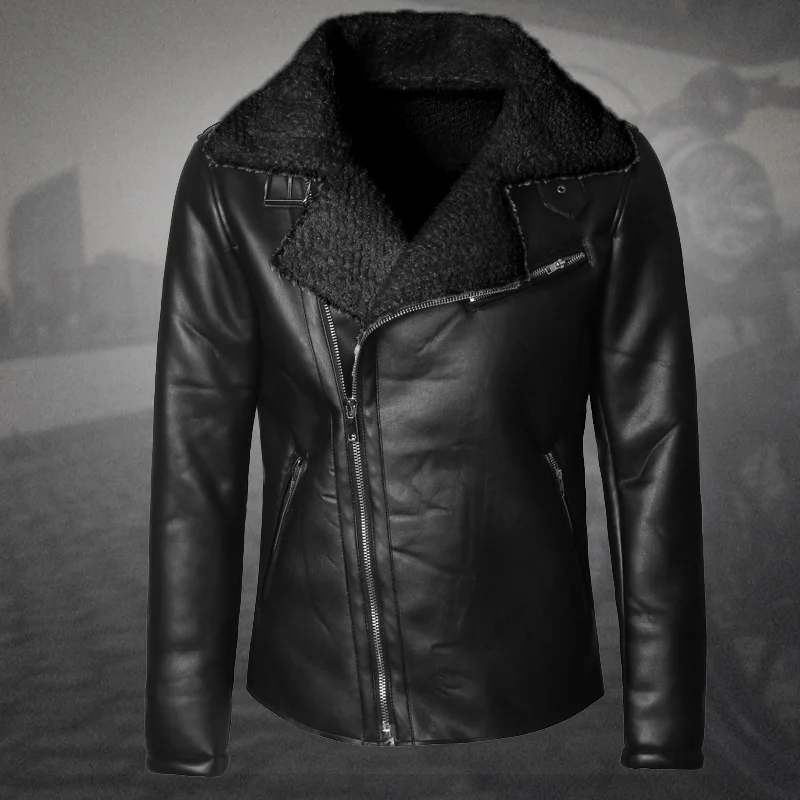 Для мужчин тонкий шерстяной черный меховой воротник байкеры мотоциклетная куртка из искусственной кожи пальто метросексуал человек теплая Повседневная дизайн куртка F7159 - Цвет: F7159 black
