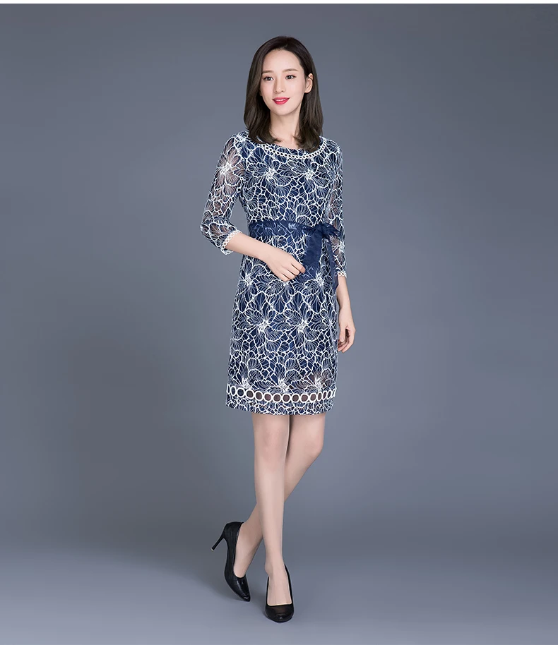 Модные элегантные женские платья 2018 корейские весенние с круглым вырезом семь рукавов кружевные платья женские большие размеры Тонкий