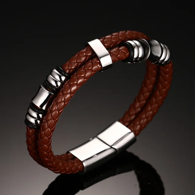 Men's Double Braided Leather Bracelet in Brown Stainless Steel