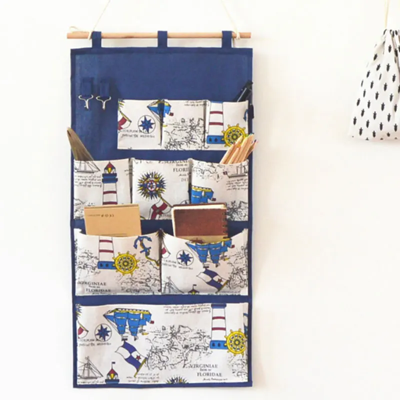 Linen Cotton Fabric 9 Pockets Storage Bag With 2 Hooks...