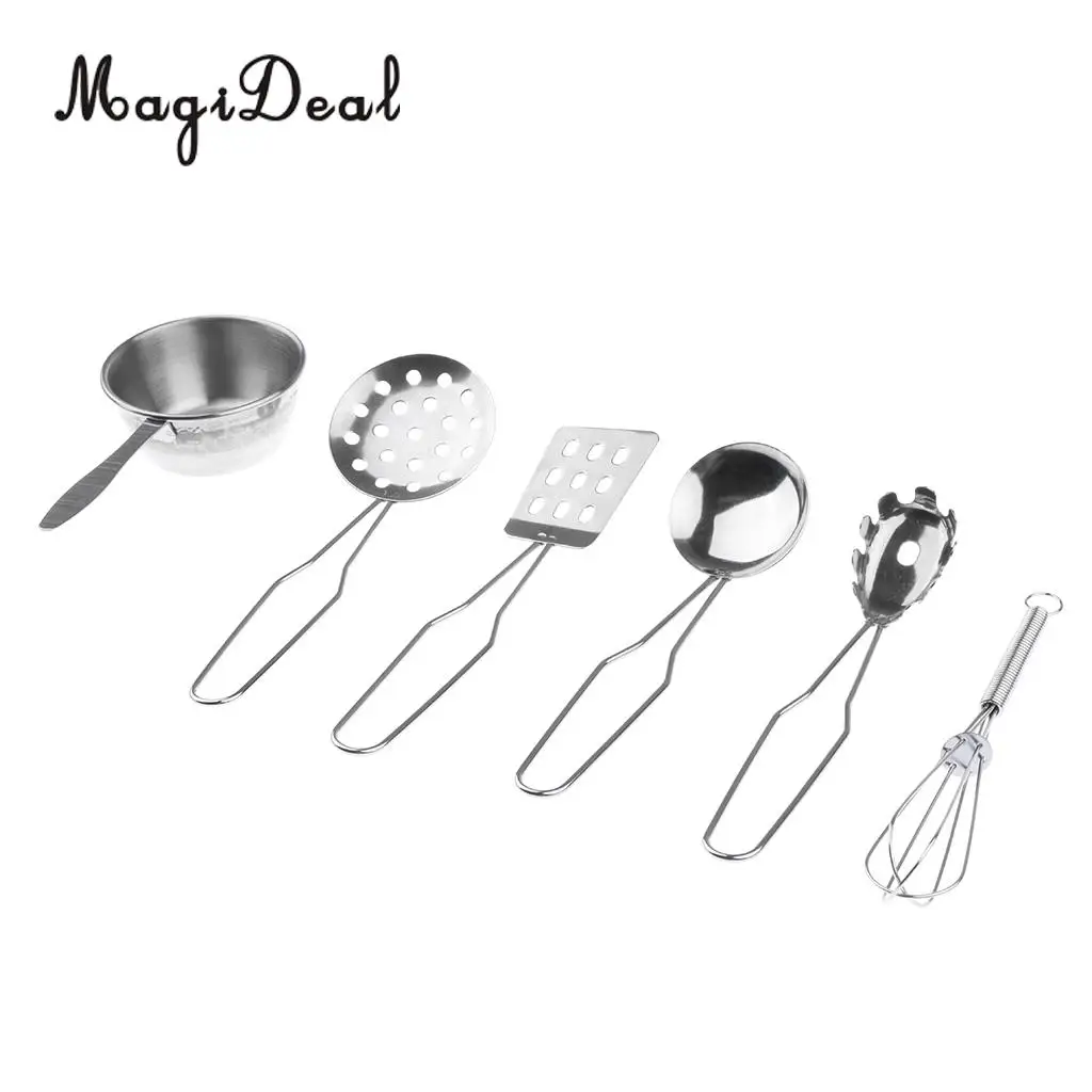 6Pcs/Set Stainless Steel Kitchen Cookware Cooking Utensils Toy Children Kids Pretend Role Play Toy Silver