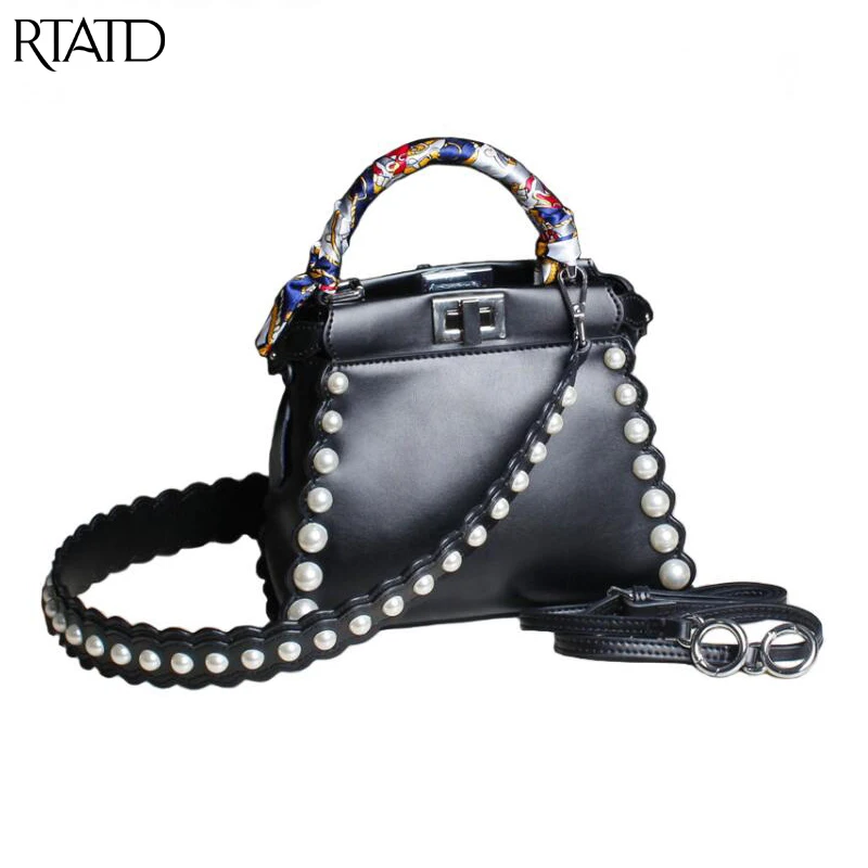 

RTATD New Pearl Tote With 2 Straps Fashion Women Split Leather Handbags Trendy Ladies Messenger Bags For Female B254