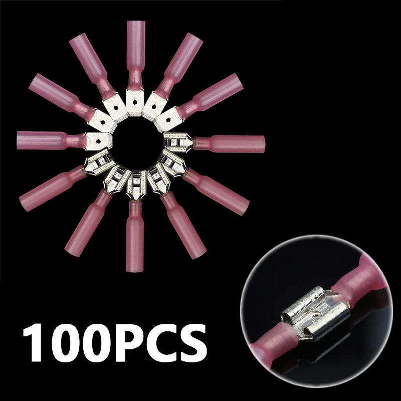 

100PCS Red Spade Heat Shrink Connectors Terminals PE Copper Quick Splice Waterproof Insulation Wire Cable Connector 0.5-1.5mm2