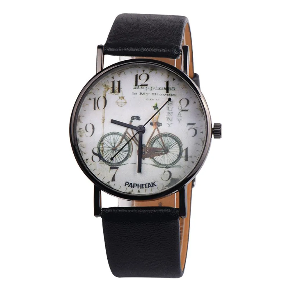 Модные повседневные женские и мужские часы с рисунком велосипеда, милый кожаный ремешок, кварцевые наручные часы, Relogio Feminino, часы, reloj Femme, подарок - Цвет: Черный