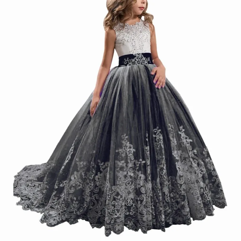 Торжественное кружевное платье с аппликацией лавандового тюля; бальное платье с цветочным узором для девочек; платья с поясом и бантами для свадьбы; платье-пачка; милое детское платье принцессы - Цвет: Black