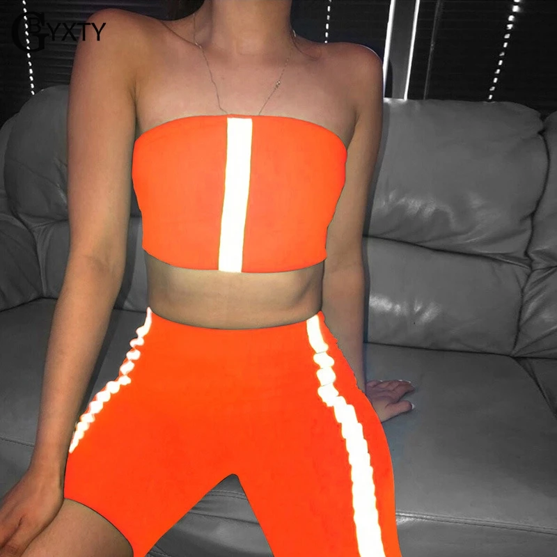 

GBYXTY Reflective Stripe Sets Tube Top and Biker Shorts Sexy Two Piece Outfits for Women Summer Neon 2 Two Piece Sets ZA1512