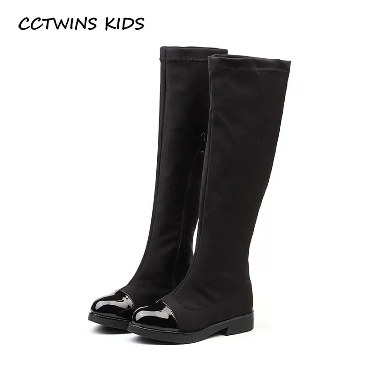 CCTWINS KIDS/ г. Детские брендовые высокие сапоги из эластичной ткани модные детские ботфорты черная обувь для маленьких девочек C1178 - Цвет: black autumn