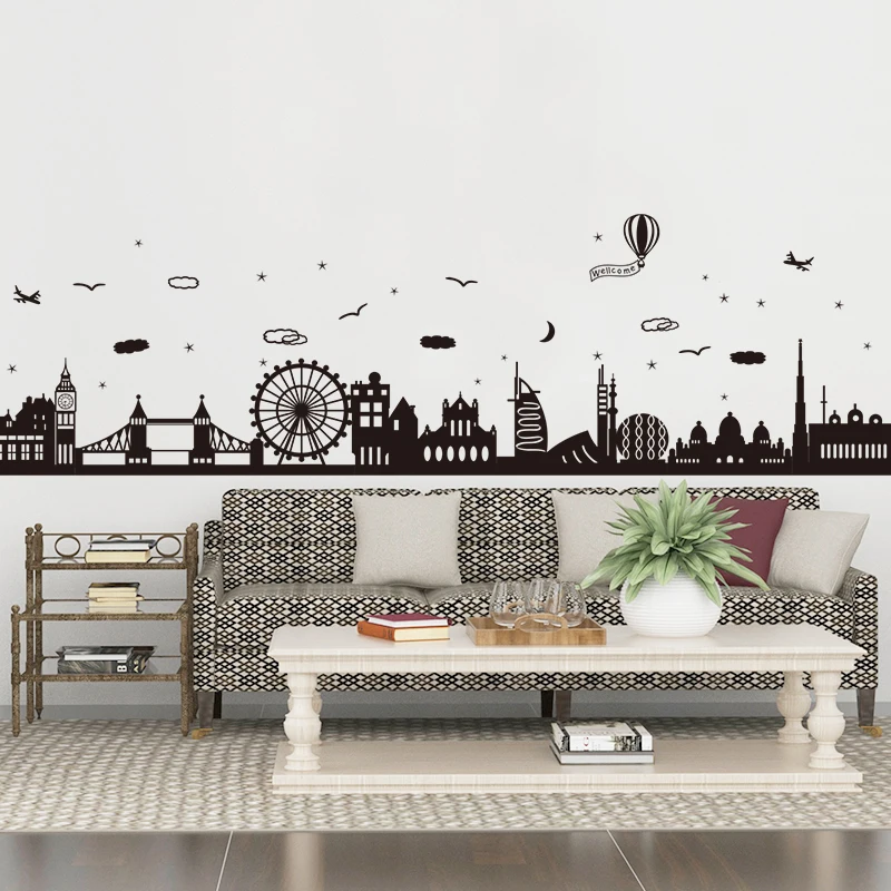 

[SHIJUEHEZI] Black Color Architecture Pattern Baseboard Sticker PVC Material Wall Decals for Kids Bedroom Living Room Decoration