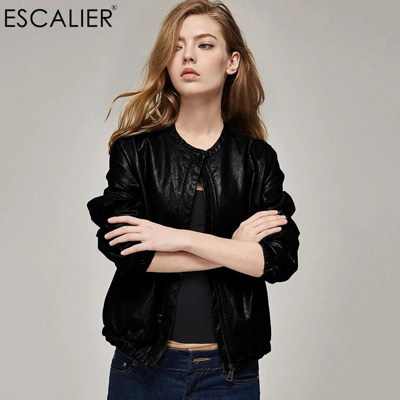 discount ESCALIEA Women's Slim Washed PU Leather Jacket Fashion O-Neck Zipper Bright Colors Coats New Ladies