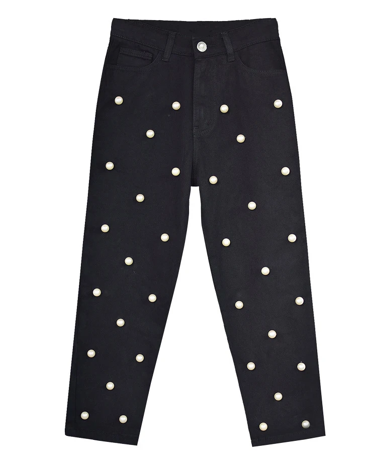 European and American women's high waist straight tube loose-fitting wide-leg jeans denim cuffed trousers studded with large pearl women's eighties (10)