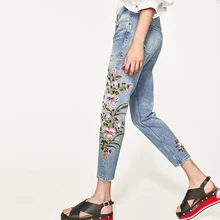 Женские отбеленные прямые джинсы длиной до икры, джинсы с цветочной вышивкой, Осенние повседневные джинсы с вышивкой, Осенние рваные джинсы