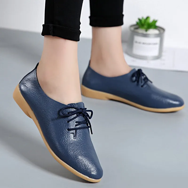 Осенние кроссовки; женская обувь; лоферы; коллекция года; однотонная повседневная обувь из натуральной кожи; женская обувь на плоской подошве со шнуровкой; женские кроссовки - Цвет: Dark Blue