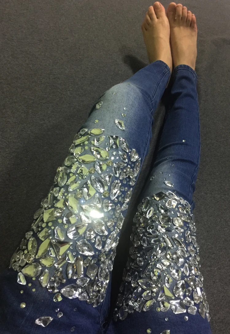 Модные женские Алмазные леггинсы со стразами джинсы обтягивающие брюки-карандаш женские брюки-клеш с вышивкой брюки до щиколотки