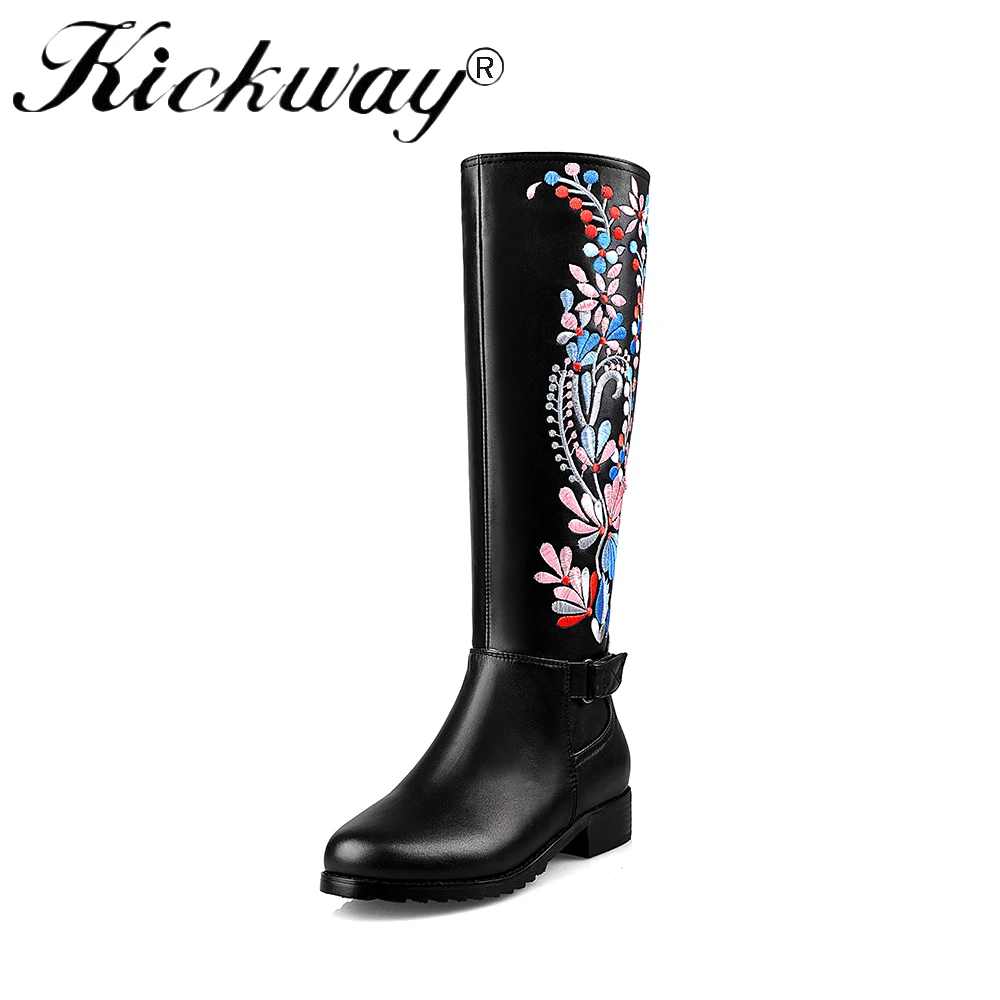 

Kickway 2018 Big Size 34-43 Genuine Leather Ethnic Knee High Boots Add Fur Retro Thick Heels Embroidery Winter Keep Warm Shoes