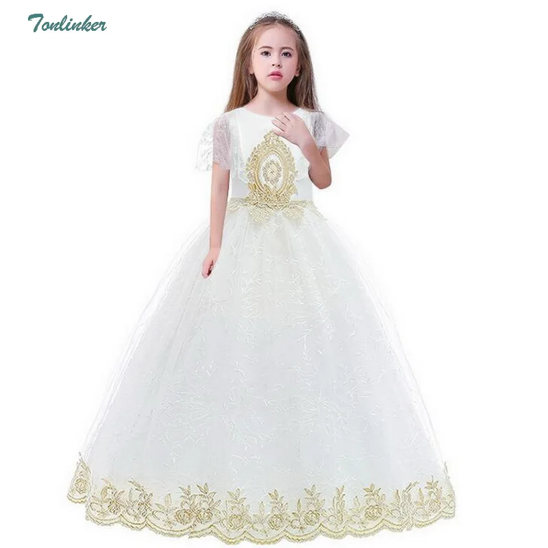 Palace Formal Kids Girl Dress Evening Party Prom Ball Gown White Embroidery Bow Girls Dress