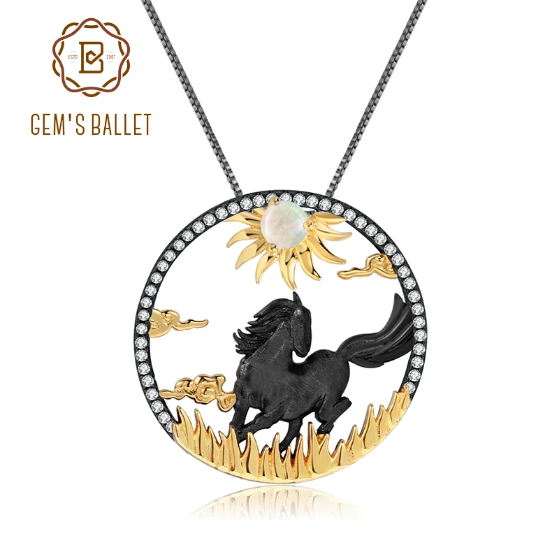 

GEM'S BALLET 925 Sterling Silver Galloping Horses 12 Chinese Zodiac Jewelry Natural African Opal Pendant Necklace For Women