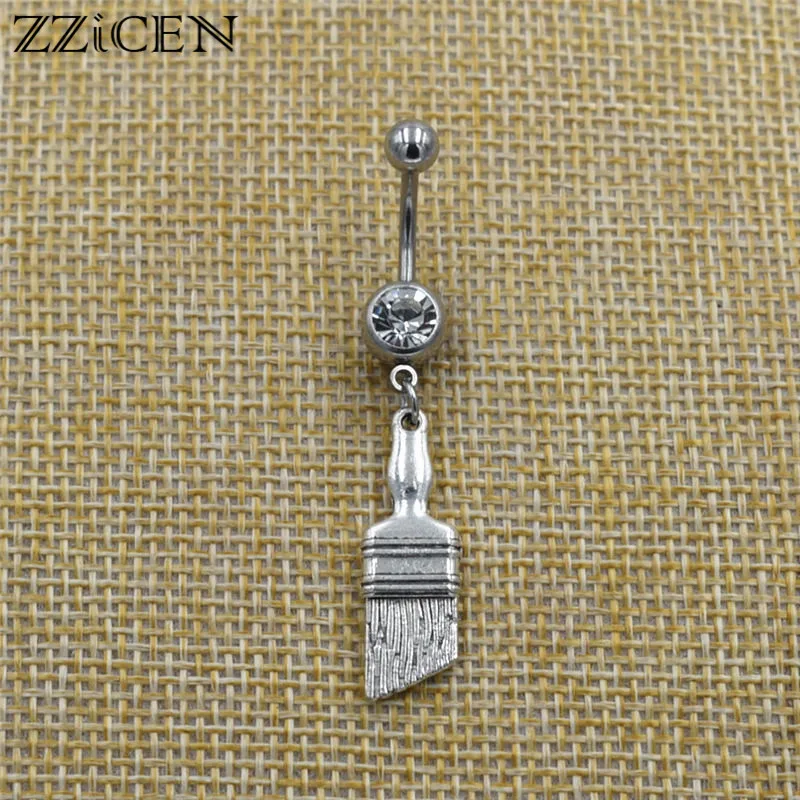 Fashion Novelty Gifts Paint Brush Pendant Dangle Navel Belly Button Rings Surgical Steel Curved Bar Piercing Unique Body Jewelry