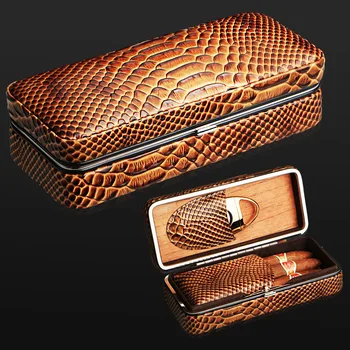 

Portable Travel Use Crocodile Striae Stainless Steel Silver Plated Frame Wooden Lining Leather Cigar Humidor W/ Cigar Cutter