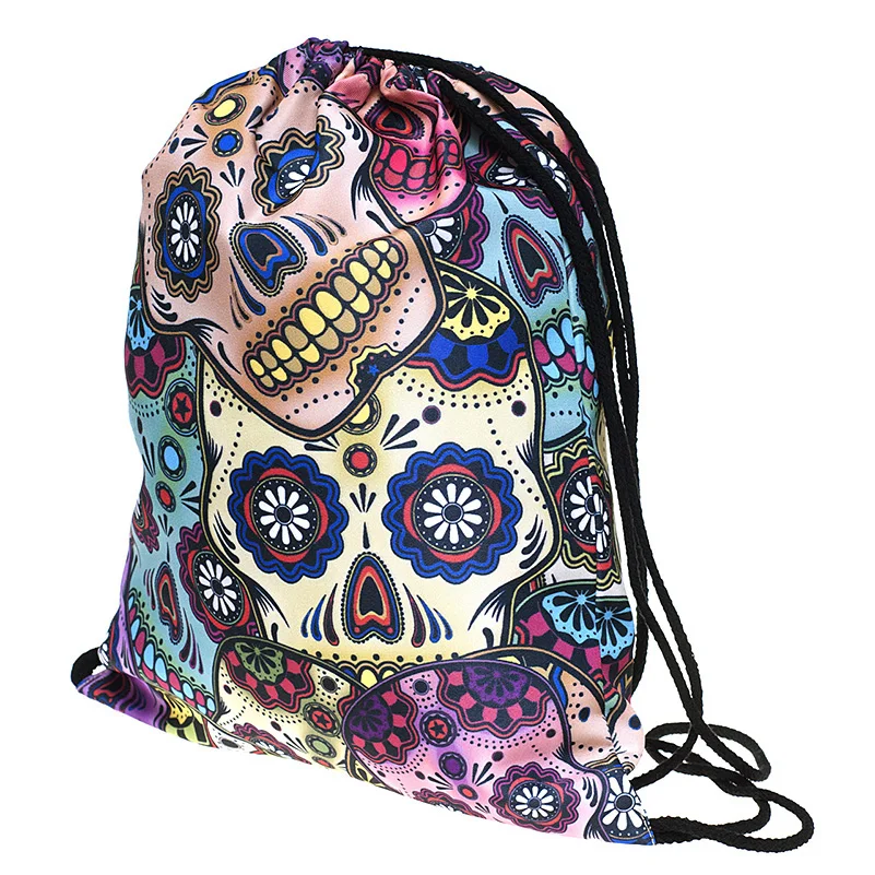 Skull Drawstring Storage Bags 3D Printed Oxford Backpack Travel Flowers Storage Organizer Tablets Cosmetic Luggage Organizer (4)
