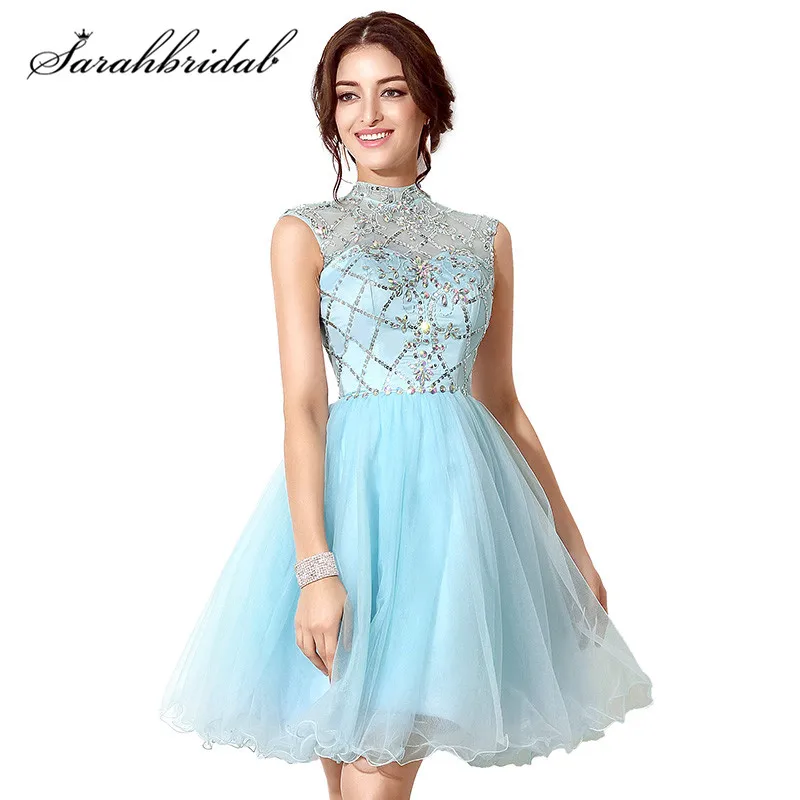 Beste Jeugdige Sky Blue Cocktail Jurken 2019 Fall Winter Crystal Lovertjes Backless Tulle A lijn In Voorraad Homecoming Jurken SD199