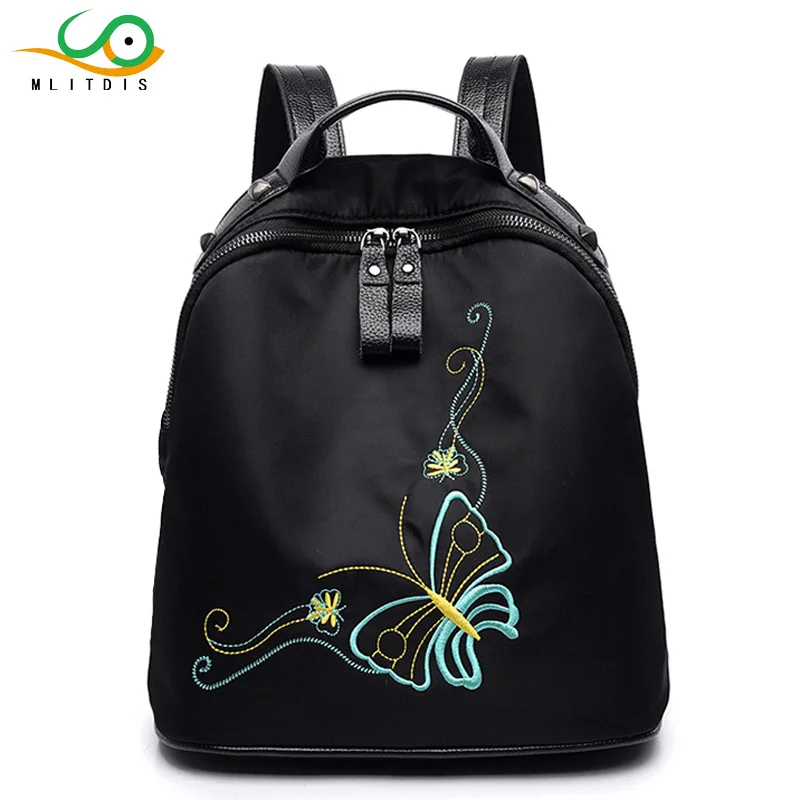 MLITDIS Women Floral Backpack Flower Bow Embroidery Backpacks Blue Oxford Bag Teenage Girls School Bags Vintage