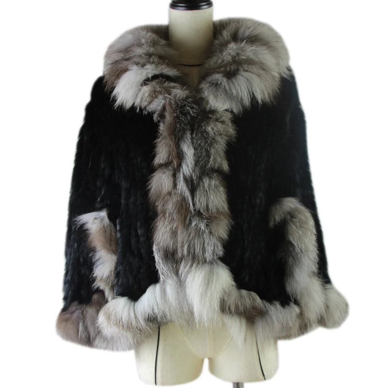 Poncho de piel de conejo Real de Invierno para mujer chal de piel de conejo Natural tejido con cuello de piel de zorro de plata auténtica Pashmina caliente vender - 1