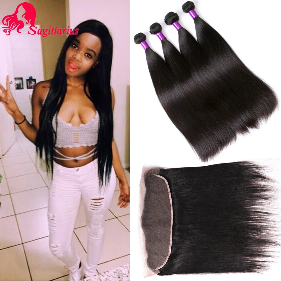 Brazilian Virgin Hair With Closure 13*4 Ear To Lace Frontal Straight 4Bundles Human |