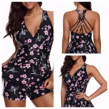 Сексуальный купальный костюм с глубоким v-образным вырезом, Танкини с принтом, набор для девочек, эластичные шорты, купальный костюм, купальный костюм 2XL размера плюс, женский купальник