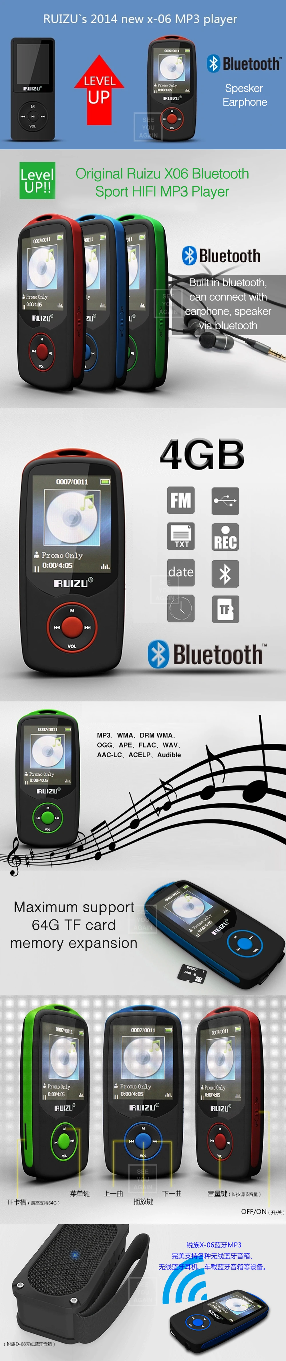 Спортивный MP3-плеер ruidu X06, 4 Гб, Bluetooth, 1,8 дюймов, экран, высокое качество, без потерь, музыкальный плеер, поддержка FM, электронная книга