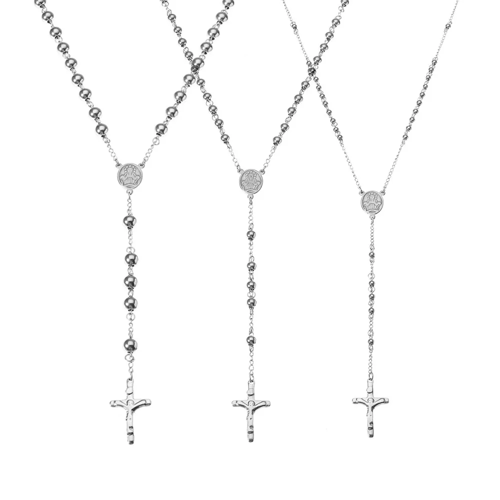 

4/5/6/8mm Silver Tone Crossed Pendant Stainless Steel Bead Chain Jesus Christ Rosary Long Necklace Mens Womens Jewelry 2018 Hot