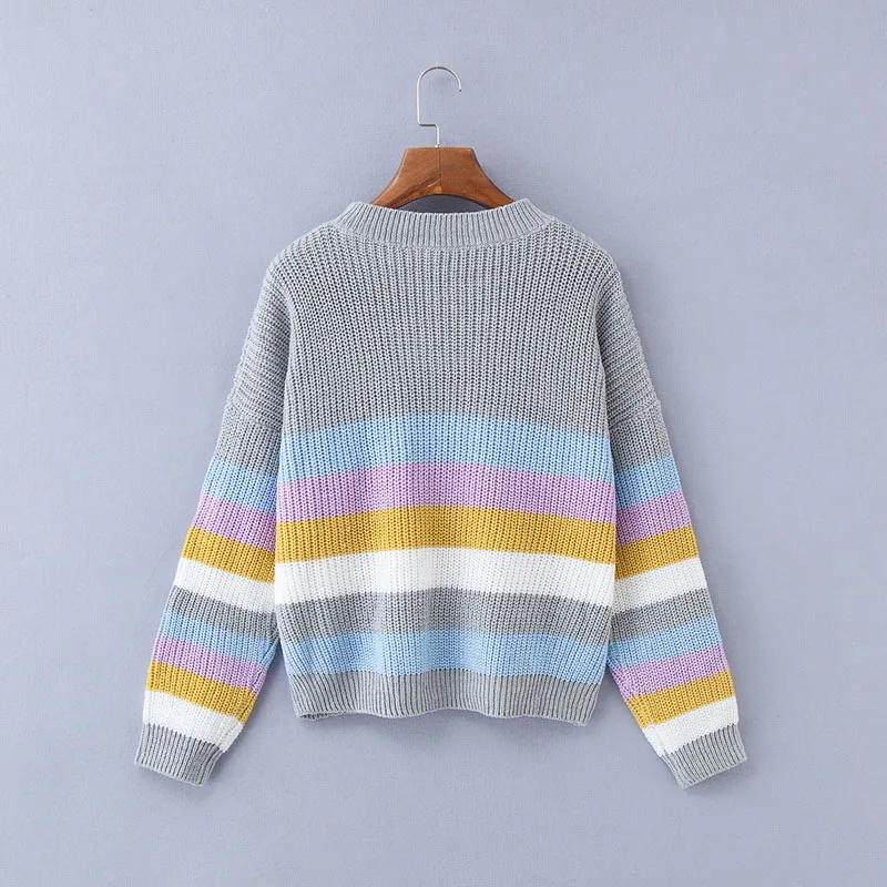 Autumn Winter Casual Fashion Sweater Pullovers O-neck Long-Sleeve Striped Knitted Sweater Tops B08SW827 Sweaters