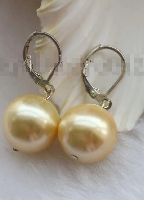 

Natural 14mm golden Round Shell Pearl Earrings 925ss #f1710!Noble style Natural Fine jewe fast SHIPPING