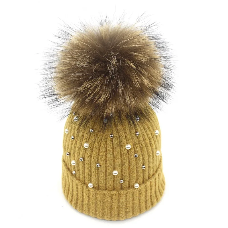 Ditpossible натуральный мех шапка с помпоном для женщин девочек зимние шапочки Лыжная шапочка милые жемчужные вязаные шапки