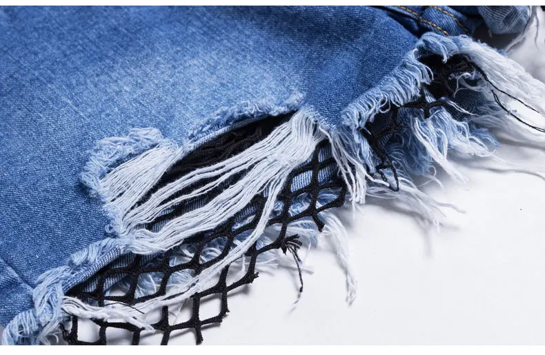 Винтаж рваные бахрома синий джинсовые шорты для Для женщин Повседневное Mesh Черный лоскутные джинсы Шорты 2017 модная летняя Для женщин Шорты