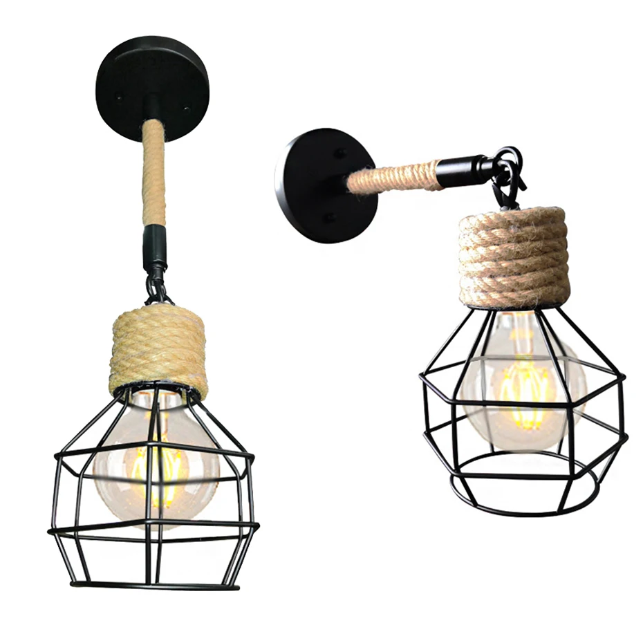 

American country aisle hemp rope Ceiling light retro Creative iron Birdcage dual-use wall ceiling lamp for balcony stairs bar