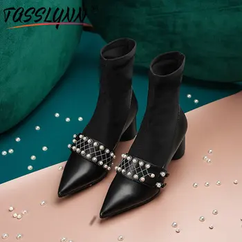 

TASSLYNN 2019 Women Shoes Genuine Leather Mid-Calf Boots Pointed Toe Slip-On String Bead Womens Winter Fashion Shoes Size 34-40