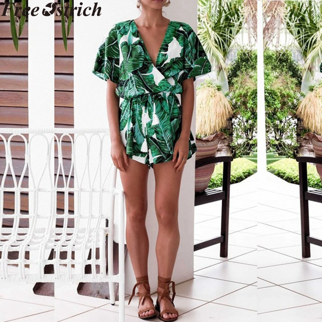 Summer short romper Women jumpsuit leaf print plus size playsuit high waist lace up Ladies sleeve casual | Женская одежда
