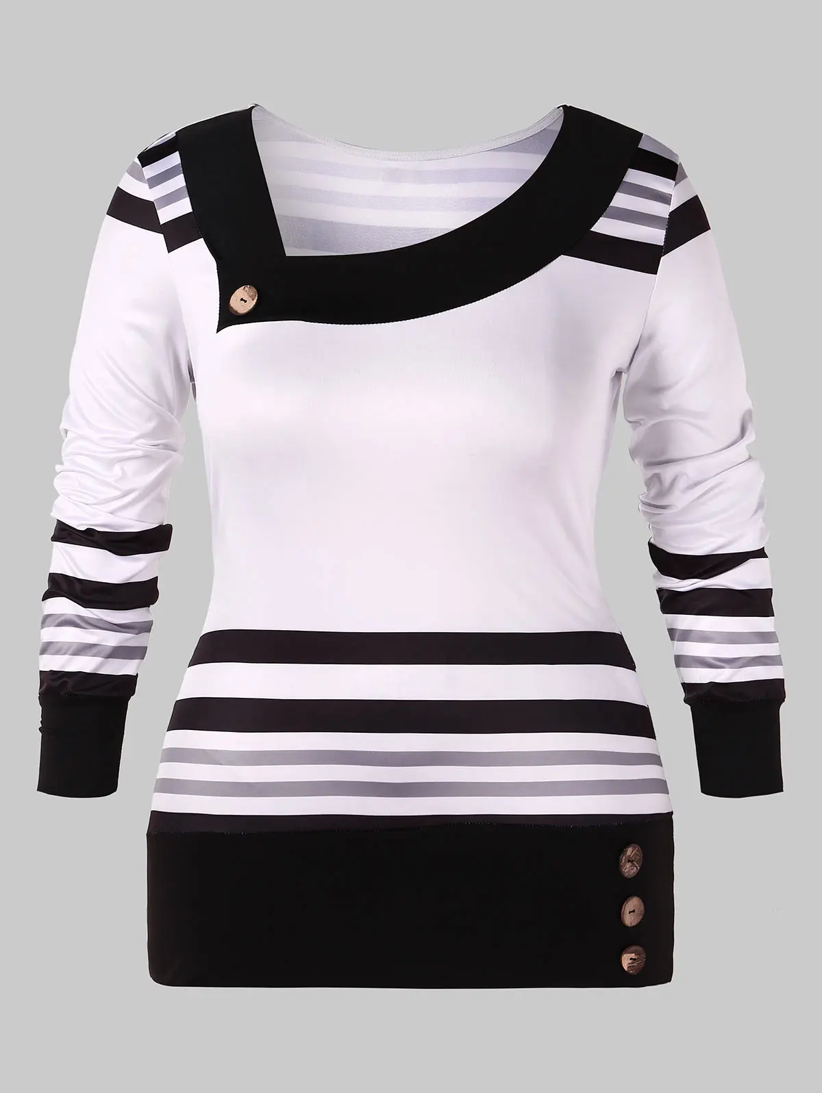 

Wipalo Plus Size Skew Neck Black White Striped T-Shirt Casual Long Sleeve Button Blouson Tee Women Autumn Top Ladies Clothing