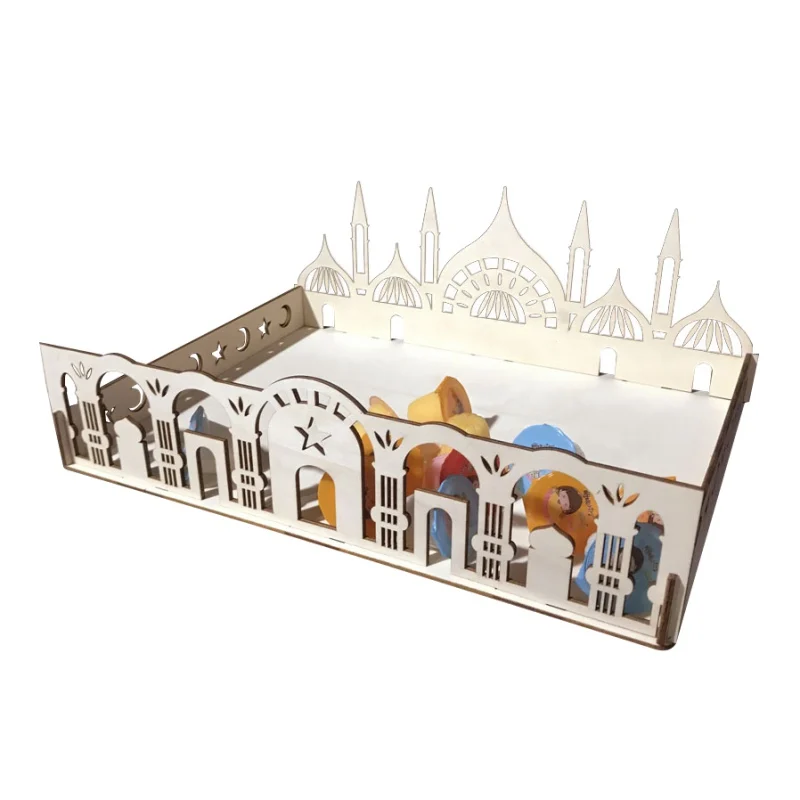 

Islam Eid Ramadan Mubarak DIY Wooden Biscuit Dessert Tray Hollow Home Decorations Party Supplies Desktop storage box