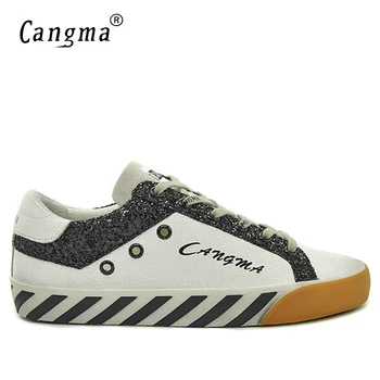 

CANGMA Man Shoes Autumn Branded Flat Shoes Casual White Genuine Leather Black Glitter Trainers Shoes Men Sneakers Adult Footwear