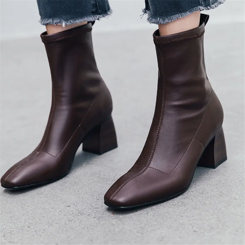 

RIBETRINI Fashion Brand Design Top Quality Square Heels Slip On Boots Woman Shoes Women Casual Boots Shoes Woman Boots