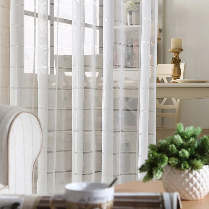 Modern White Plaid Embroidered Voile Curtains For Living Room Bedroom