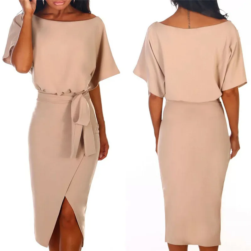 

Summer Spring Women O-Neck Vintage Dress Short Sleeved Side Slit Bandage Bodycon Sleeveless Evening Party Dresses