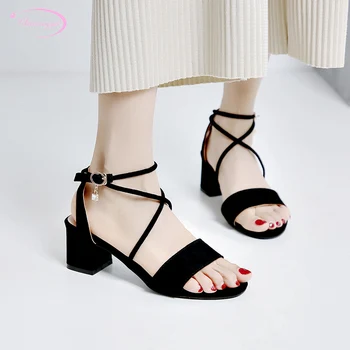 

Korea casual style comfortable flock summer sandals fashion crystal buckle strap black beige thick medium with women's shoes