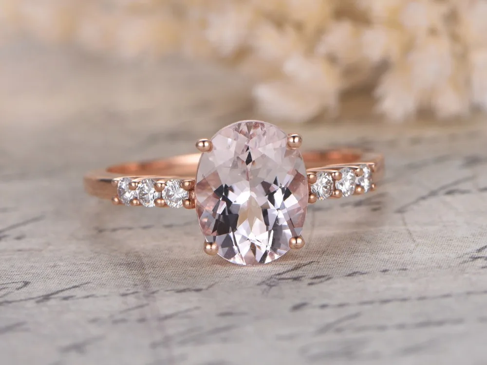 Myray естественной овальной розовый морганит 14 К Rose Gold diamond обручальное кольцо