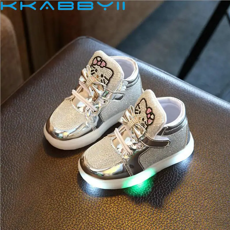 

New Brand Hello Kitty Children's Luminous Sneakers Rhinestone Kids LED Flashing Shoes girls Casual Shoes with Lights Size 21~30