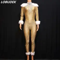 Champagne Gold Стразы перья Облегающий комбинезон женский трико с кристаллами этап одежда певец и ведущий ночной клуб костюм