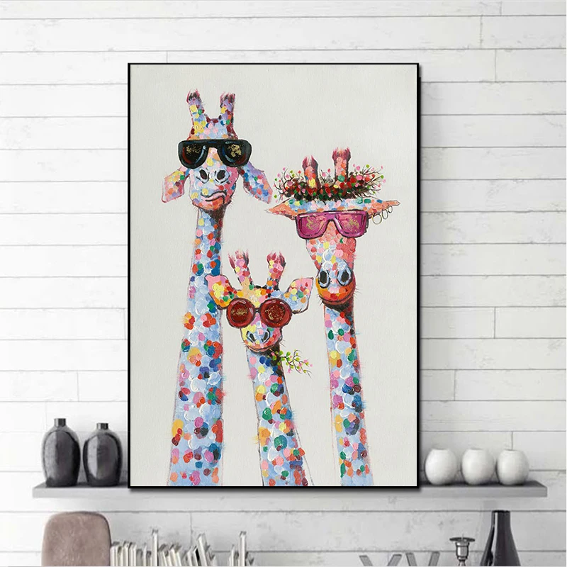 MUTU художественные красочные масляные Животные Жираф семья с очками картина холст картина Печать на холсте настенное искусство для постельных принадлежностей комнаты