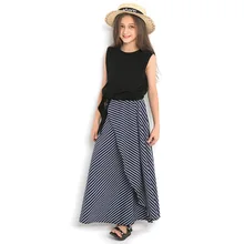 Летняя одежда для девочек 12 лет, полосатые шифоновые длинные юбки, 2 предмета, черные топы, комплекты одежды для девочек-подростков